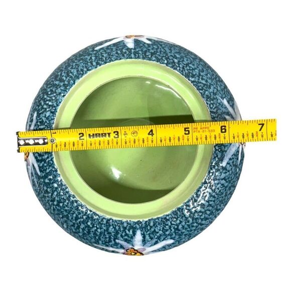 Vintage Signed Italy Blue Ceramic Bowl Planter Floral & Green Interior Flower 6" - Picture 5 of 6